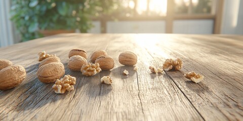 Walnuts scattered on a wooden table, sunlit.