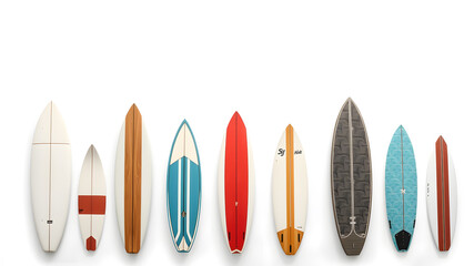 Surfboards on a white background. Types of surfboards with a pattern. illustration. Generative AI