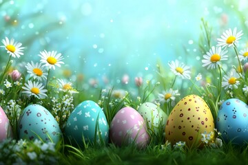 Colorful easter eggs hiding in green grass with daisies and bokeh effect