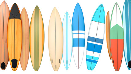 Surfboards on a white background. Types of surfboards with a pattern. illustration. Generative AI