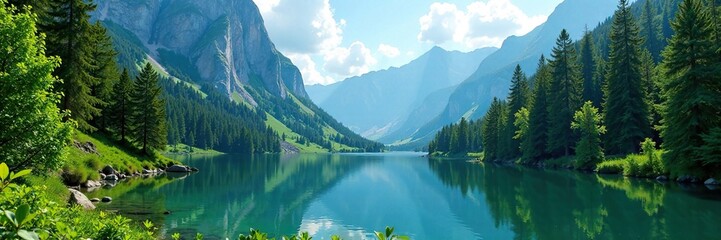 Fototapeta premium Towering trees surround a serene lake in the mountains forest summer, water, green