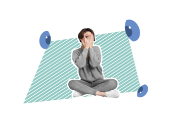 Creative 3d photo artwork graphics painting of eyes watching scared lady closed face isolated drawing background