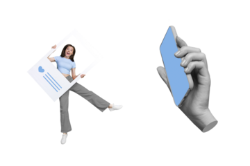 Collage photo of young funny carefree excited lady wear stylish clothes hold paper cadre like influencer phone shooting addicted isolated on blue background