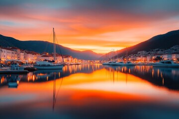 A vibrant sunset over the Kvarner Bay, casting shades of orange and pink on the calm water