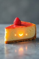 Bright smile and sparkling eyes illuminate a slice of cheesecake on a plain grey background, empty space, joyful expression, creamy texture