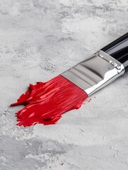 Red paintbrush stroke on textured surface.