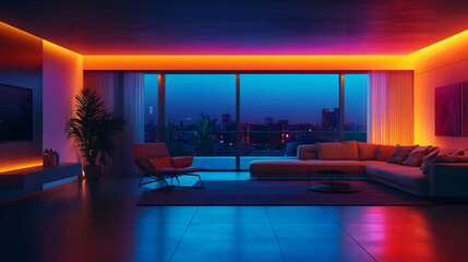 Modern Living Room Interior Design with Colorful Neon Lights 3D Illustration