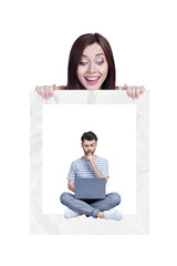 Collage photo of young professional coder programmer man sitting using laptop thinking cadre woman...