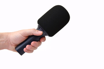 Radio microphone in the hand of a reporter doing an interview isolated on a white background