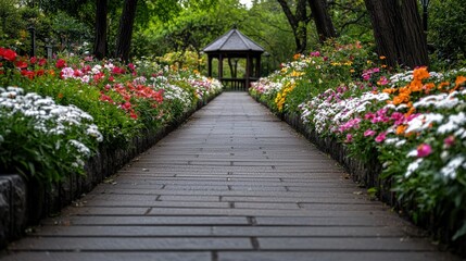 A tranquil garden path lined with blooming flowers, leading to a charming gazebo