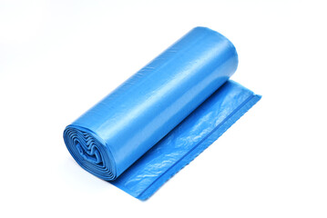 Roll of blue garbage trash bag on white background