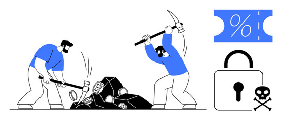 Two miners using a sledgehammer and pickaxe to break rocks symbols of a percentage tag, padlock, and skull. Ideal for teamwork, labor, financial issues, risk management, security, hard work