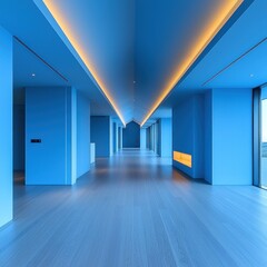 Obraz premium Empty blue hallway in modern house with recessed lighting and ocean view