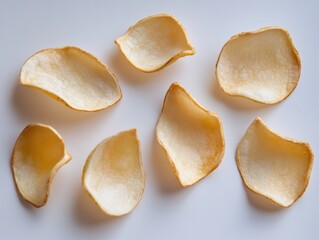 eight crispy potato chips on white background