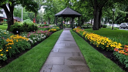 Obraz premium A tranquil garden path lined with blooming flowers, leading to a charming gazebo