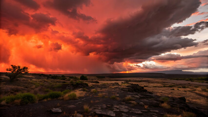 Obraz premium Breathtaking Sunset Over Dramatic Clouds and Landscape at Dusk