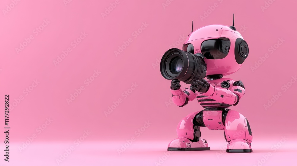 Poster a pink robot with a camera captures images against a pink backdrop.