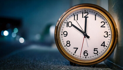 Stylish analog clock showing eleven o'clock against a blurred nighttime backdrop.  Perfect for concepts of time, deadlines, urgency, or late-night settings.