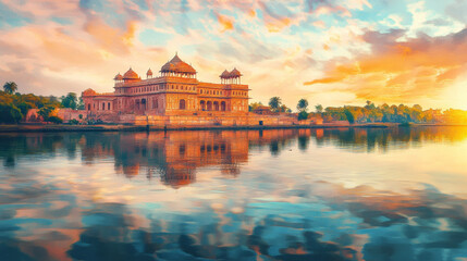 grand Indian palace at sunrise, reflecting beautifully on lake surface, surrounded by lush greenery and vibrant skies. scene evokes tranquility and awe