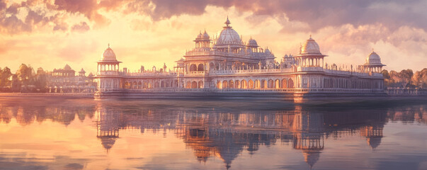 Fototapeta premium grand Indian palace rises above peaceful lake at sunset, reflecting stunning architecture and serene surroundings. warm colors evoke sense of tranquility and beauty