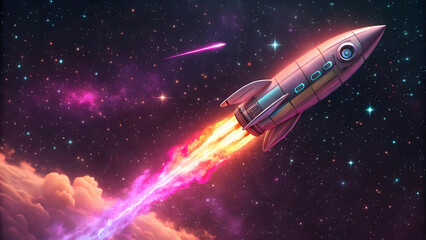 Fototapeta premium Vibrant Retro Rocket Launching Through Colorful Cosmic Space Scene
