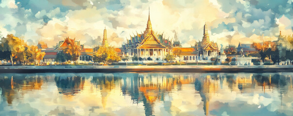 Naklejka premium stunning reflection of grand palace in still water during morning, showcasing vibrant colors and serene beauty. scene captures essence of tranquility and architectural elegance