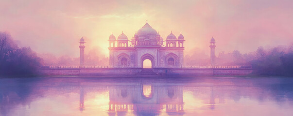 Indian palace glowing in morning sun, reflecting on water, surrounded by trees, creating serene and tranquil atmosphere