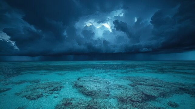 Stormy ocean with lightning, rain, and dark clouds.