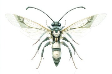 A scientific illustration of a rare parasitic wasp, focusing on its segmented body and complex wing structure, against a plain white background for research purposes