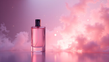 Artistic still life of a pink perfume bottle surrounded by soft clouds and dreamy background