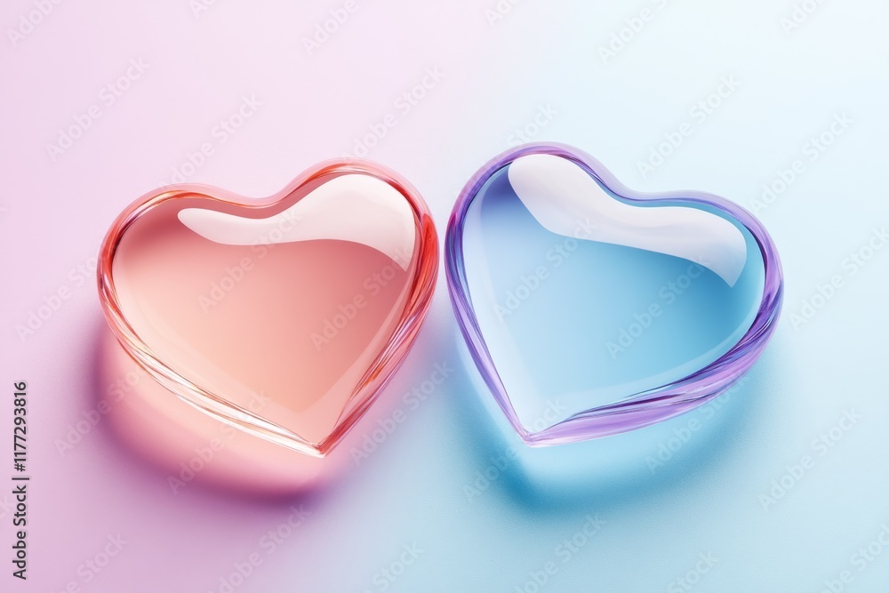 Poster two heart shapes filled with soft gradient hues of pink and purple, positioned symmetrically on a cl