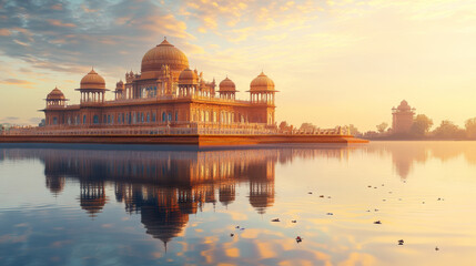 Obraz premium Ornate Indian palace reflected in calm lake at sunrise, showcasing intricate architecture and serene surroundings, creating peaceful atmosphere