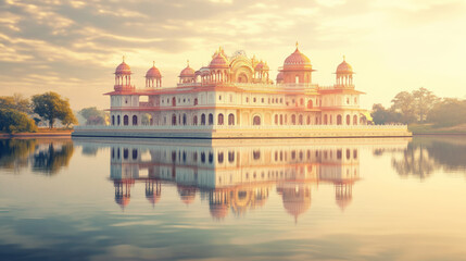 Fototapeta premium Ornate Indian palace reflected in calm lake, showcasing intricate architecture and serene surroundings, creating tranquil and picturesque scene