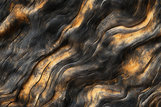 Stunning high-resolution image of natural wood textures with flowing grain patterns in shades of black and gold, perfect for backgrounds or design elements.