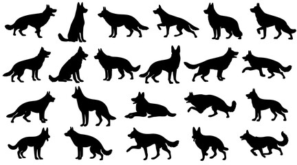 Set of dogs silhouette in different poses. Large set of german shepherd dogs. Hand drawn black dogs isolated on white background. Vector illustration of decorative elements for design decor.