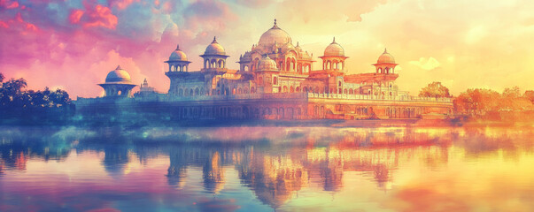 Fototapeta premium Majestic royal Indian palace with intricate details reflecting in water, surrounded by vibrant colors and dreamy sky. serene and enchanting scene