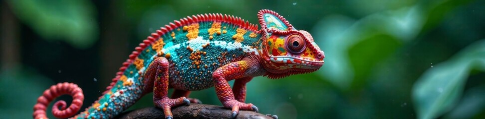 Chameleon splashed with vibrant colors on a tropical background , vibrant colors, tropical scene, wildlife