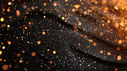 A mix of gold glittering bokeh lights gently fading into the shadows of a dark, textured grunge surface, evoking elegance amidst chaos