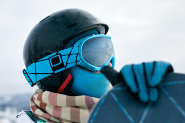 A Mountain Range Reflected In The Ski Mask. Winter Sports. Woman At The Ski Resort On The...