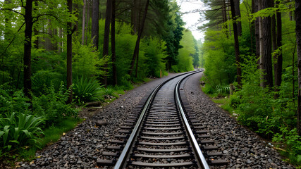 Fototapeta premium Train tracks passing through the forest, Generative AI