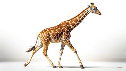 Fototapeta premium Elegant giraffe strides, isolated against a clean background; perfect safari wildlife stock photo.