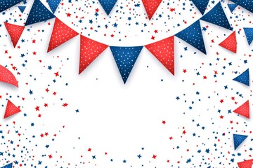 Red, white and blue bunting and confetti celebrating independence day