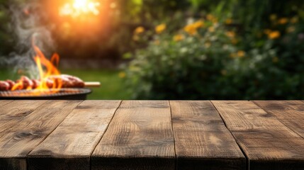 Flames rise from a barbecue grill placed on a rustic wooden table in an outdoor setting, ready for a cooking adventure with friends