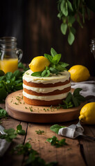 Appetizing lemon cake covered with creamy icing, garnished with lemon slices and mint, surrounded by fresh lemons on a rustic wooden surface.