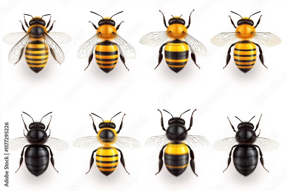 Poster colorful graphic representation of bees in various designs and patterns