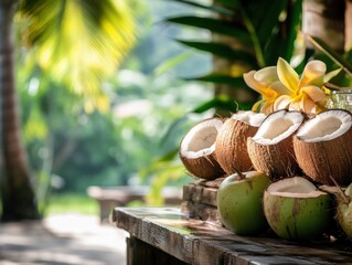 fresh coconuts on a wooden table in a tropical setting