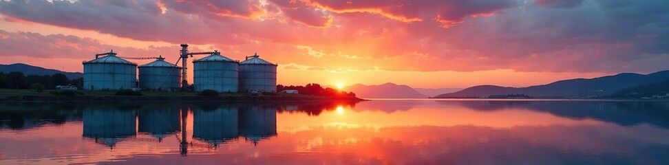 Fototapeta premium Silvery oil tanks reflected on calm lake water at sunset, nature, , tanks