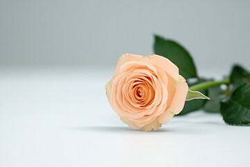 Fototapeta premium Elegant peach rose on white background with soft textures and subtle green leaves