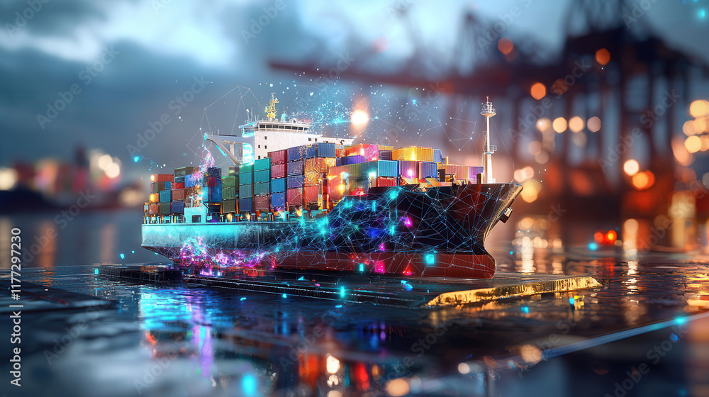 Poster conceptual holographic interface displaying cargo ship with colorful containers, showcasing advanced
