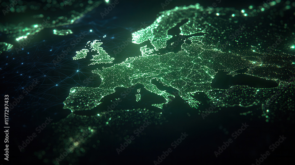 Poster digital map displaying glowing shipment network across europe, showcasing connections and data flow